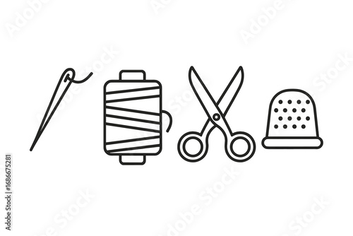 Minimalist sewing set with needle, thread spool, scissors, and thimble line art icons, clean vector cartoon illustration with transparent background, ordered set for sewing and crafting