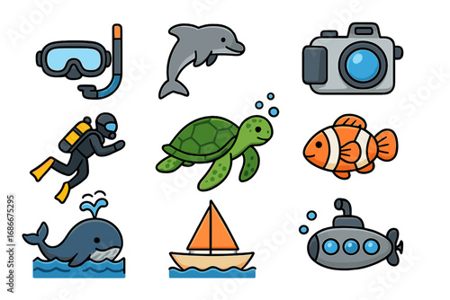 Sea icon set. Marine wildlife and underwater exploration. Vector cartoon collection with diver, turtle, dolphin, whale, clownfish, submarine, boat. Ocean life travel vacation.