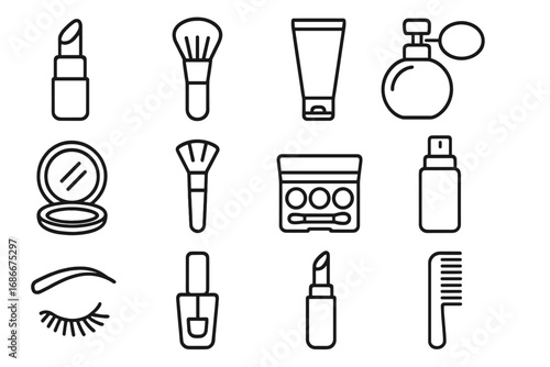 Set of Beauty and Cosmetic Line Icons, Makeup Brushes, Lipstick, Perfume, Nail Polish, Eye Shadow Palette and Comb Vector Outline Signs for Graphic Design, Web, Apps, Advertising, Cards