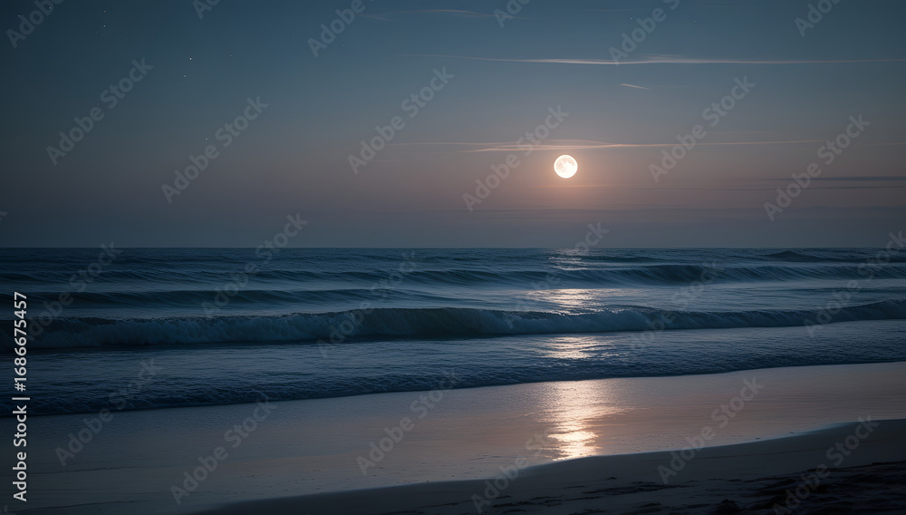 Obraz premium Full Moon Rising Over Ocean Horizon with Gentle Waves
