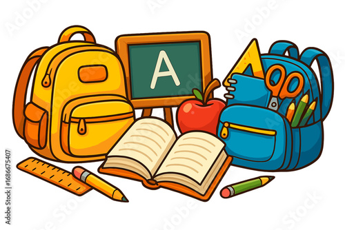 Back to school supplies set. Cartoon education concept. Vector illustration with student items. Backpack, book, pencil, ruler, apple, scissors, blackboard. Learning elements.