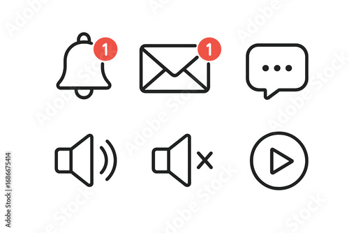 Minimalist notification icons. Bell, new message, mail, chat. Media player control symbols. Sound on, volume off, mute, play button. Vector line art for web and app UI.