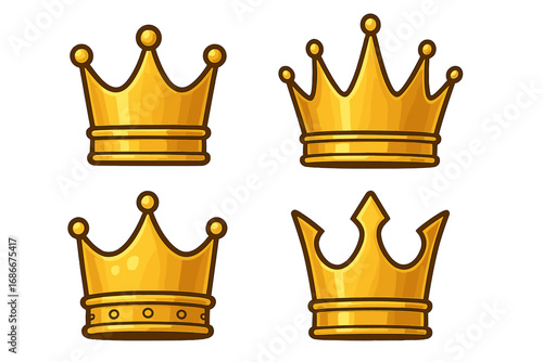 Golden crown set vector illustration. Cartoon collection of royal crowns for king, queen, prince. Symbol of royalty, power, luxury, success. Monarchy heraldry icon or logo.