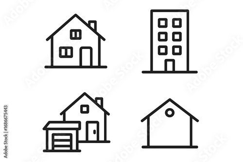 Minimalist outline icon set of residential buildings. Vector illustration of a house, apartment, and home with a garage. Simple line art for real estate or property concepts.