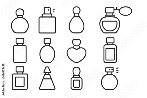 Perfume Icon Set Thin Line Collection, Editable Stroke Vector Design for Websites, Books, Cards, Apps, Transparent Background, Cartoon Style, Ordered Set of 12 Stylish Bottles