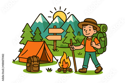 Hiking trip and camping adventure concept. Man with backpack exploring nature in mountains. Hiker character near a campsite with tent and campfire. Outdoor vacation and tourism vector.