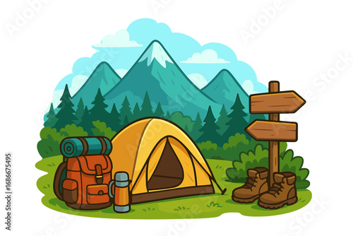 Summer camp adventure. Outdoor camping equipment in nature. Tent, backpack, boots, signpost at mountain valley. Hiking, trekking, travel, tourism concept. Vector illustration.