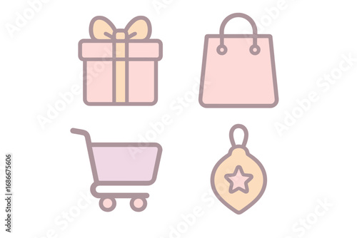 Minimalist shopping icon set. Pastel gift, bag, cart, and holiday ornament icons for e-commerce. Vector cartoon illustration for online store, christmas, and sale design.