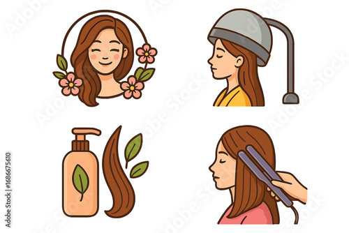 Beauty salon icon set. Hairdresser and hair care concept. Woman getting hair treatment with dryer and straightener. Natural shampoo. Vector cartoon logo elements for spa.