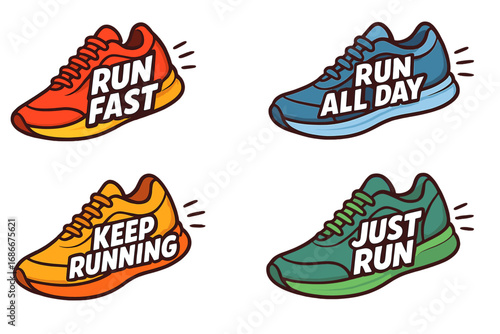 Motivational sneaker designs with inspiring running quotes, cartoon vector illustration set, colorful sports shoes, fitness and exercise inspiration, transparent background