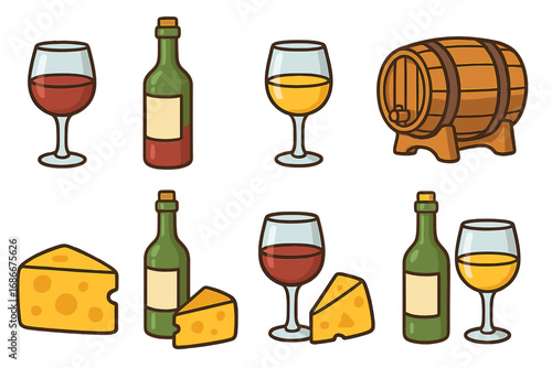Vector cartoon icon collection of wine and cheese. Includes red and white wine glass, bottle, wood barrel, and cheese wedge for tasting, party, or gourmet food pairing.