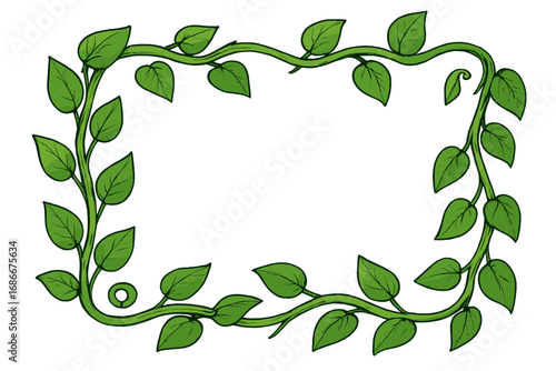 Liana vine frame. Green leaves border. Vector cartoon illustration. Jungle plant foliage. Decorative nature background. Wedding invitation card. Botanical climbing plant banner.