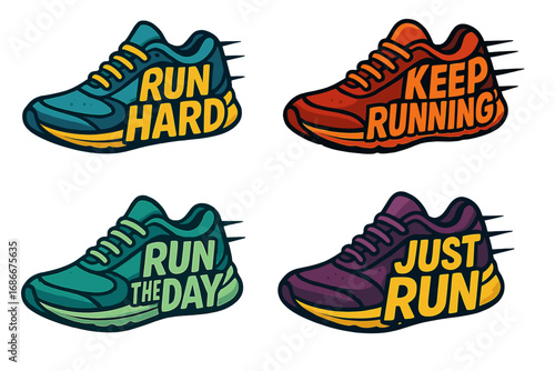 Motivational sneaker designs with inspiring running quotes, colorful cartoon athletic shoe illustrations, vector set for fitness, sport, exercise promotion, transparent background