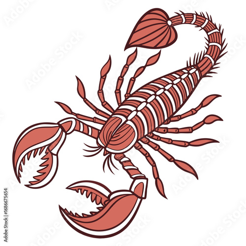 A beautifully illustrated red scorpion showing its powerful pincers and curved stinging tail on a solid white background