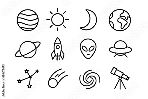 Set of Cosmos and Space Line Icons with Planets, Sun, Moon, Rocket, Alien, UFO, Stars, Comet, Galaxy, and Telescope for Graphic Design, Web, Apps, and Advertising