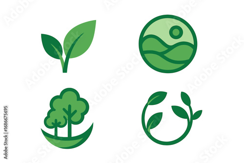 Set of green nature logos. Vector icons for ecology, environment, and organic concepts. Leaf, plant sprout, forest tree, and landscape symbols. Flat design for eco branding.