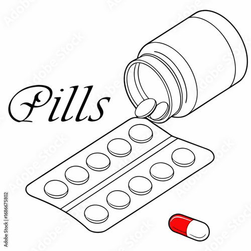 Isometric line art illustration of assorted medical medications