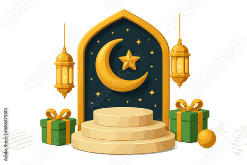 Islamic 3d podium for product showcase. Eid al-fitr, adha mubarak sale banner. Ramadan kareem background with crescent moon, lantern, gifts. Muslim holiday vector cartoon.