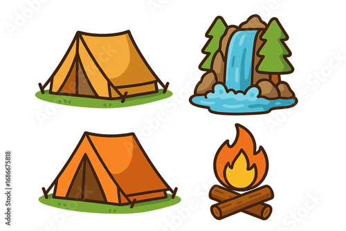 Camping and outdoor adventure icon set. Collection of cartoon vector illustrations featuring tents, campfire, and waterfall. Symbols for nature, hiking, travel and recreation.