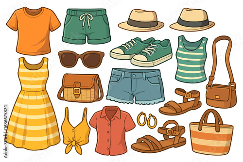 Woman summer clothes and accessories set. Vacation fashion collection. Casual outfit for beach holiday. Dress, shorts, top, shoes, bag, hat. Isolated vector cartoon illustration.