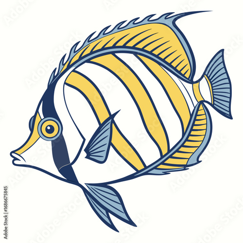 Brightly patterned butterflyfish illustration with distinctive yellow, white, and blue stripes, a stylized marine life design perfect for aquatic projects and education