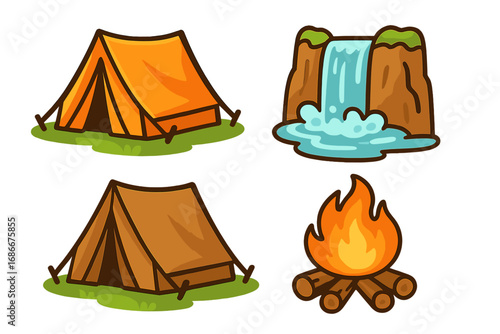 Camping icon set. Outdoor adventure, hiking symbols. Cute cartoon tent, campfire, bonfire, waterfall. Nature travel exploration. Vector illustration isolated on white background.