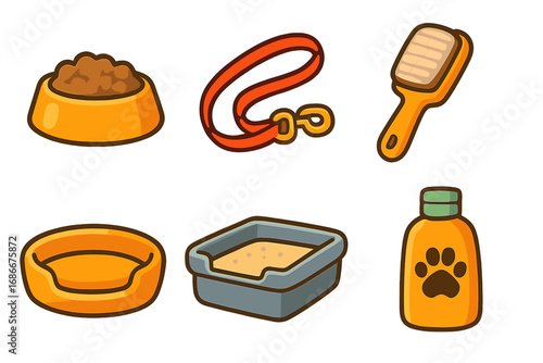 Pet care icons set with food bowl, leash, grooming brush, cozy bed, litter box, and pet shampoo, cartoon style vector illustration with transparent background, organized collection