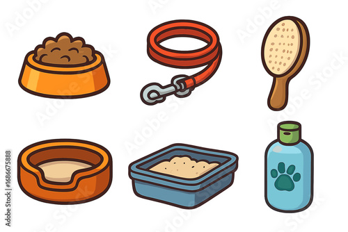 Pet care icons set featuring dog bowl, leash, grooming brush, cozy bed, litter box, and pet shampoo in vibrant cartoon style, transparent background, ordered collection