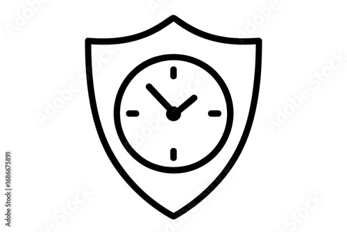 Shield with Clock Icon Vector, Protective Security Symbol, Time Management Concept, Minimalist Outline Design for Web, Graphic Design, App Interface, Advertisement, and Card Use