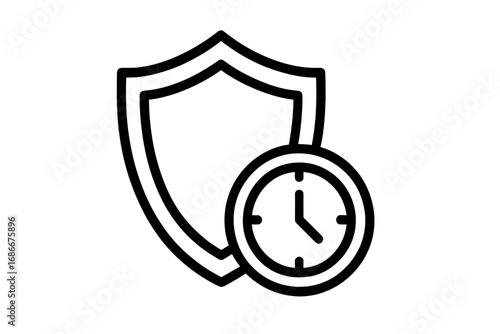 Shield and clock outline vector icon, security and time management concept, protection symbol with clock, line art graphic for apps, web design, advertising, and business cards