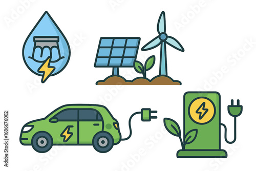 Green energy vector icon set. Sustainable power concept. Hydropower, solar panel, wind turbine, electric car, charging station. Clean, renewable, eco friendly illustration.