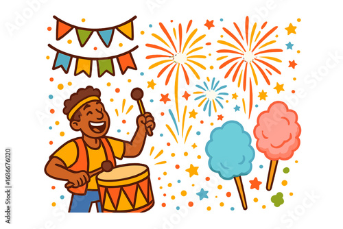 Joyful celebration with boy drumming at a festival. Cartoon vector set with fireworks, cotton candy, and party decorations for a carnival or parade. Fun fair event illustration.
