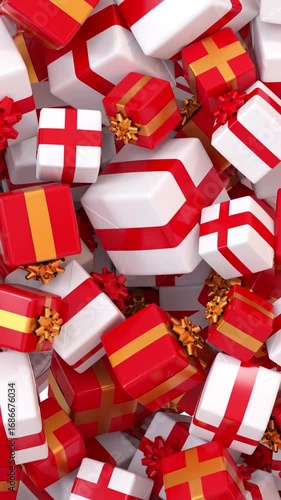 Christmas themed video transition with lots of gift packages falling, filling the screen and then disappearing - 4K 3D rendering