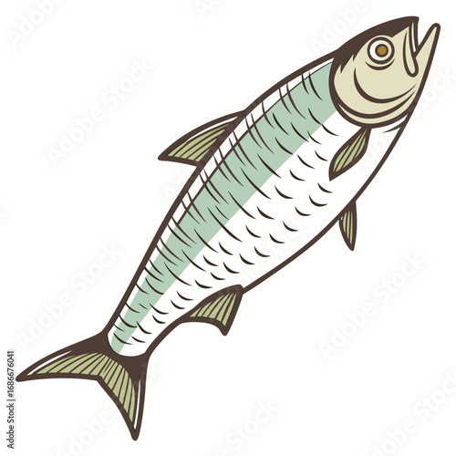 A stylized illustration of a whole, silvery fish, possibly a sardine or herring, depicted with a clean, vector-style aesthetic, perfect for culinary or oceanic themes and designs