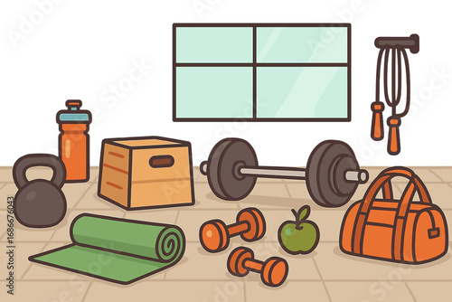 Fitness equipment set for a healthy lifestyle. Gym accessories for workout and training. Vector cartoon illustration with barbell, dumbbell, kettlebell, yoga mat, and jump rope.