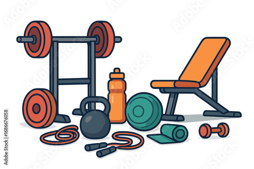 Gym equipment and fitness accessories set for workout and bodybuilding. Vector illustration concept for healthy lifestyle. Barbell, bench press, dumbbell, kettlebell, mat, rope.
