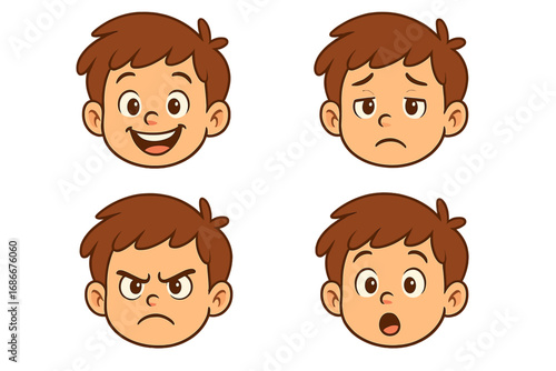 Set of cartoon facial expressions for kids showing happiness, sadness, anger, and surprise. Vector illustration with transparent background. Expressive children emotions collection.