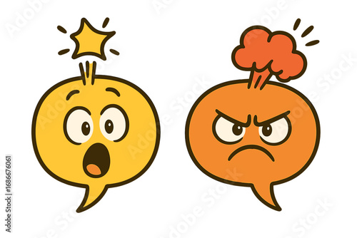 Angry versus surprised speech bubble characters. Emoticon face icons. Concept of conflict, argument, rage, and shock. Opposite emotions and reactions. Vector cartoon illustration.