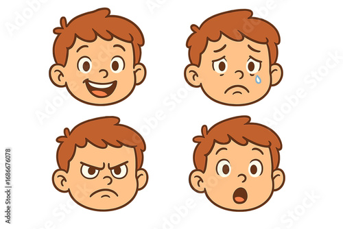 Set of expressive cartoon kids faces showing emotions of happiness, sadness, anger, surprise, and more, vector illustration with transparent background, versatile emotion icons for children