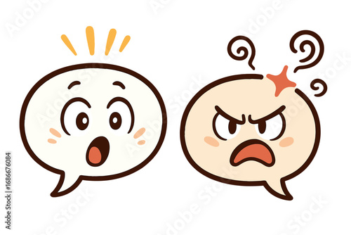 Surprise and anger emotion speech bubbles. Vector cartoon character faces with shocked and furious expressions. Cute whimsical comic chat icons for communication concepts design.