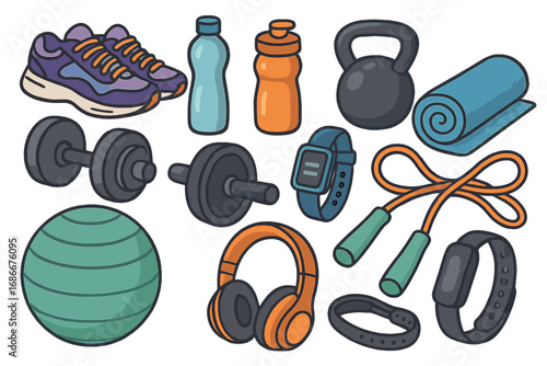 Set of cartoon fitness equipment for gym workout. Sport accessories collection for training. Dumbbell, kettlebell, fitness ball, mat, jump rope, shoes. Healthy lifestyle vector.