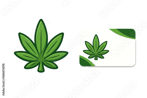 Green cannabis leaf logo and business card design template. Vector cartoon illustration for marijuana branding identity. Isolated icon set for medical, CBD, or wellness business.
