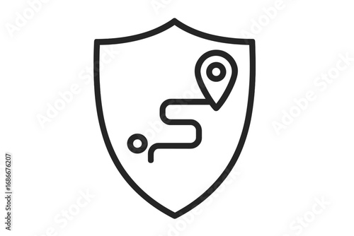 Shield with location pin and path icon, navigation route symbol, GPS tracking, protection and security concept, map pointer, digital map interface for web and app design