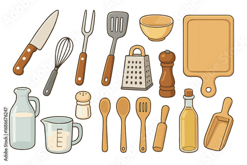 Kitchen tools and utensils set for cooking preparation. Vector cartoon illustration of culinary equipment. Knife, whisk, grater, oil, and cutting board for recipe or food blog.