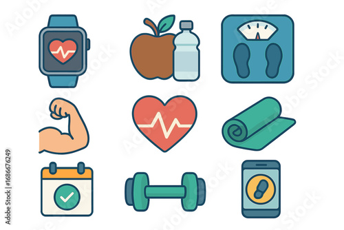 Health and fitness icon set. Vector flat design symbols for gym, workout, and healthy lifestyle. Wellness, sport, and diet cartoon illustration for mobile applications.