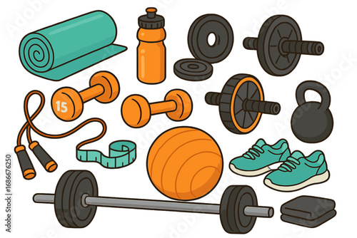 Fitness equipment vector icon set. Home gym workout gear. Dumbbell, barbell, kettlebell, yoga mat, ab wheel. Cartoon illustration for sport, exercise, and wellness.