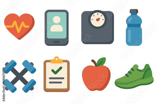 Health and fitness icon set in flat design. Vector cartoon symbols for mobile app, sport, workout. Healthy lifestyle, diet, wellness, weight loss, cardio concepts collection.