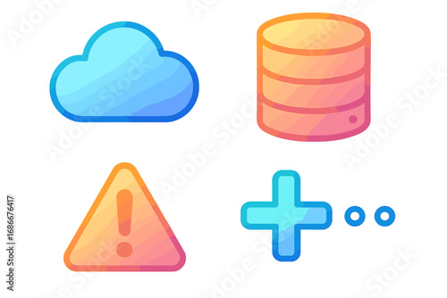 Modern gradient icon set for web design. Cloud computing, database storage, warning alert, and add more symbols. Vector cartoon illustration for UI UX interface elements.