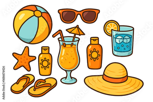 Summer beach vacation accessory set. Vector cartoon illustration collection with essential holiday items. Includes sun hat, flip flops, sunglasses, cocktail, and sunscreen.
