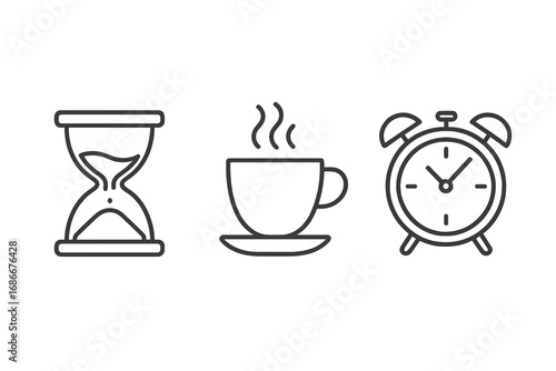 Simple linear time illustration with hourglass, coffee break, alarm clock icons, productivity concept, time management app design, vector cartoon graphic for business and lifestyle use